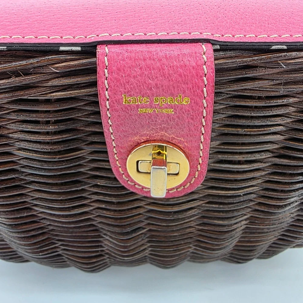 Kate Spade Pink Leather Dark Brown Wicker Picnic Basket Polka Dot Satchel Bag